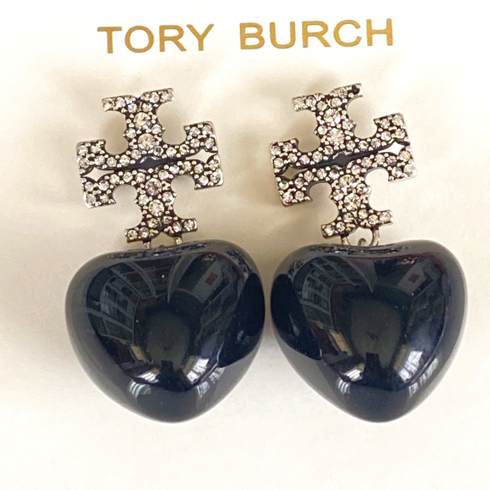 NWT Tory Burch Pave Double T Logo Stud with Black Heart Drop Rtl $220